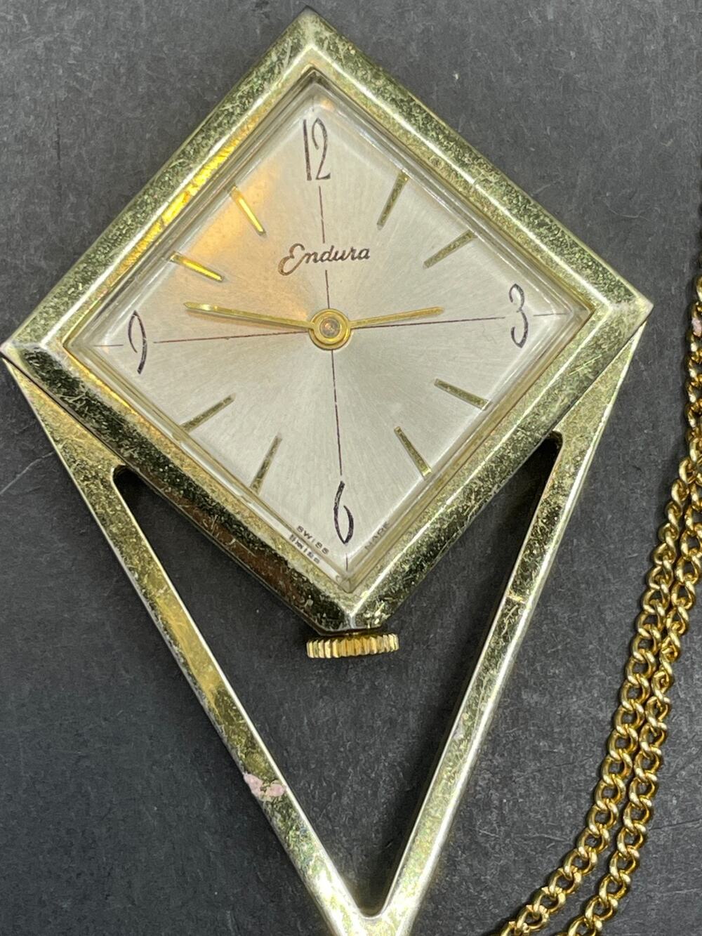 Vtg Endura 1970s Geometric Ladies Swiss Made Pendant Watch Necklace Gold Tone